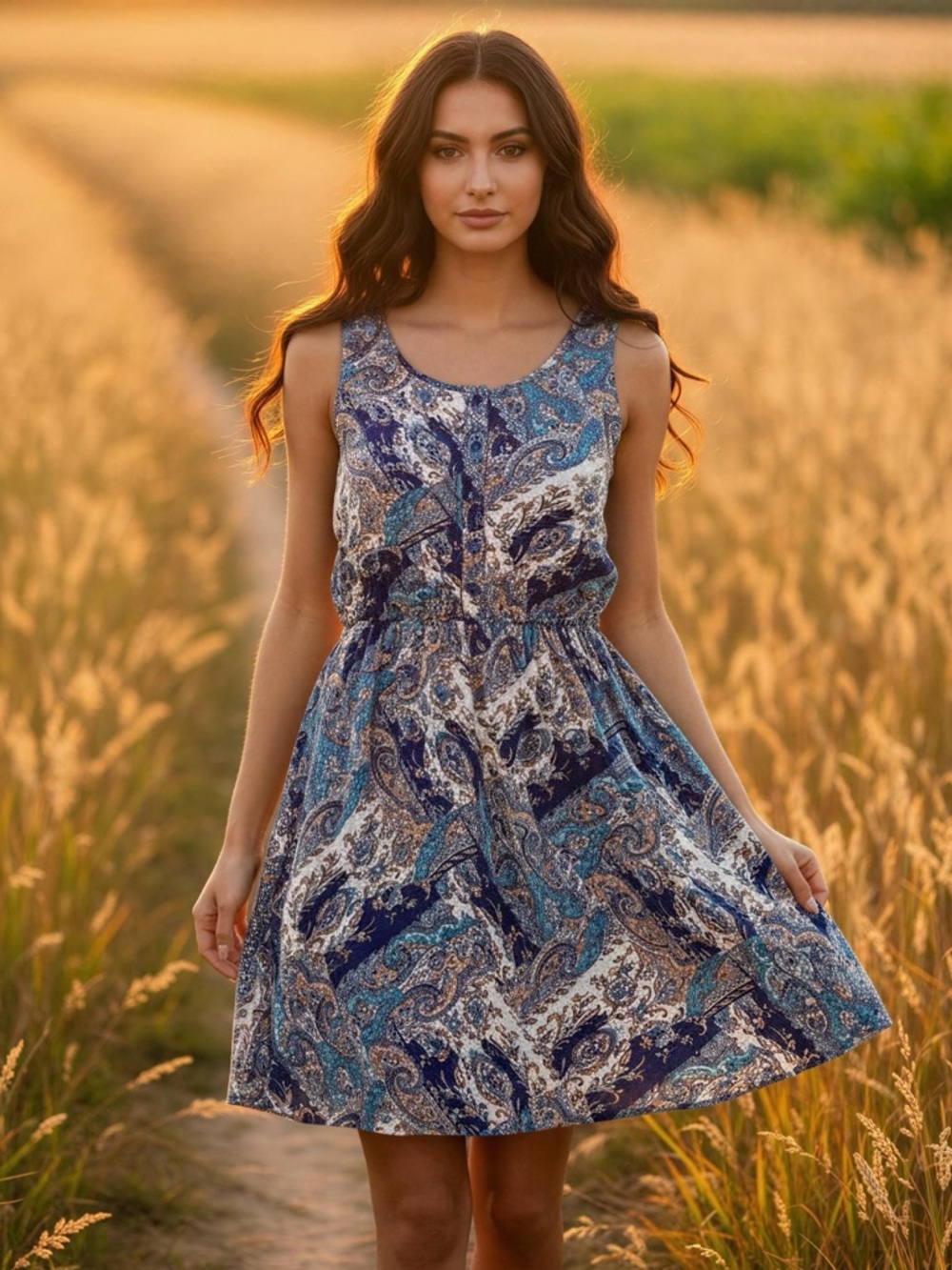 Market & Spruce Blue and Cream Paisley Button-Front Midi Dress Size M